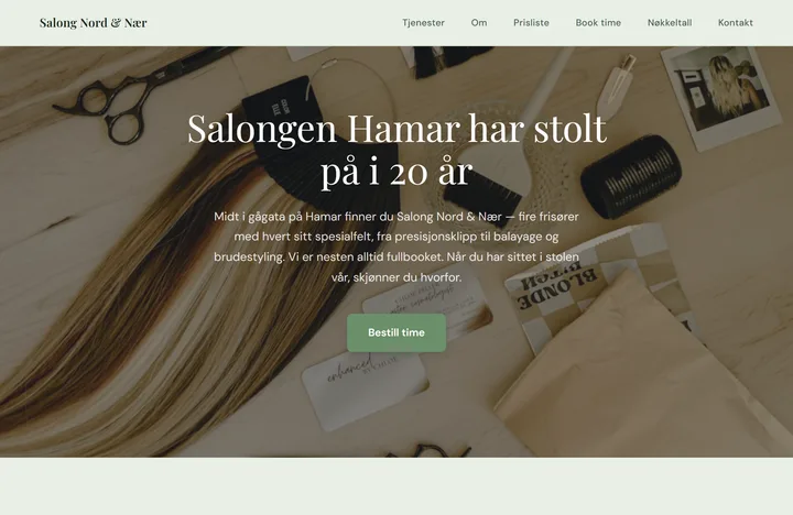 Eksempelside for en frisørsalong, laget med Veldia